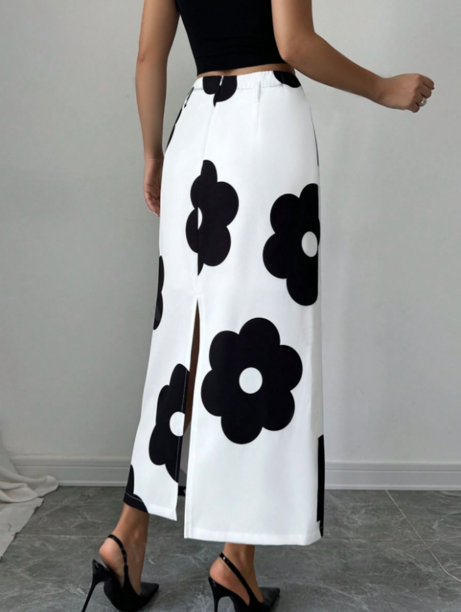 Women's Floral Print Square Ne - Midi Skirt Floral ulasan dan harga