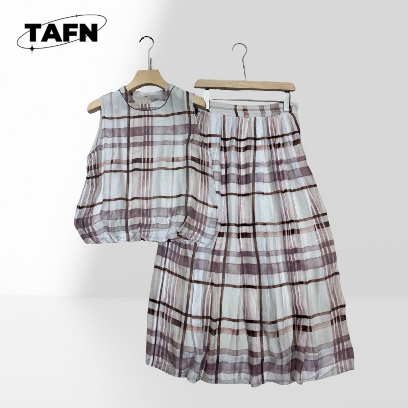 Elegant Women Checkered Two Pi - Midi Skirt Floral ulasan dan harga