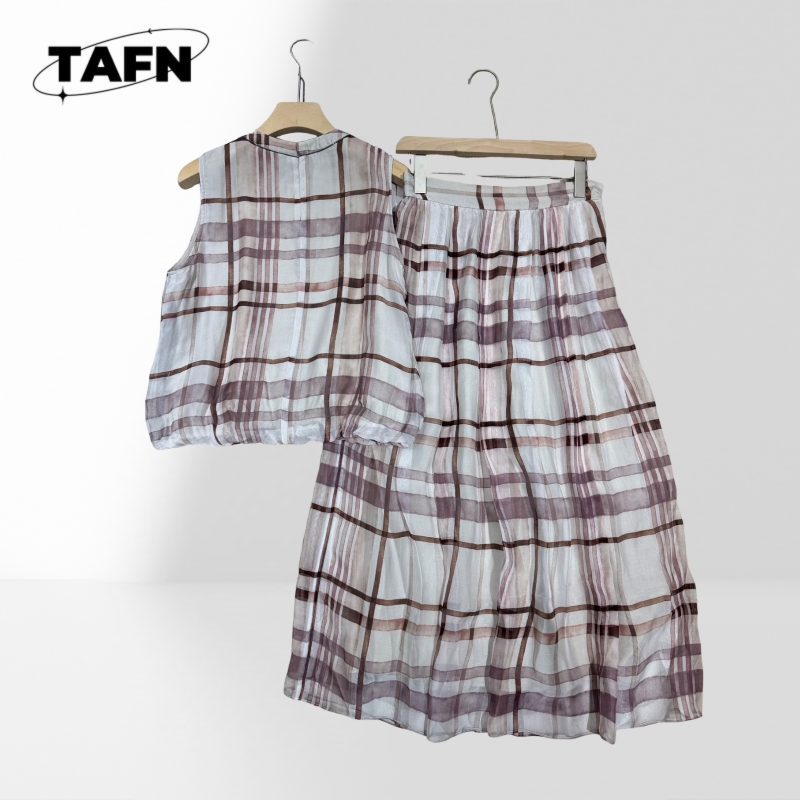 Elegant Women Checkered Two Pi - Midi Skirt Floral ulasan dan harga