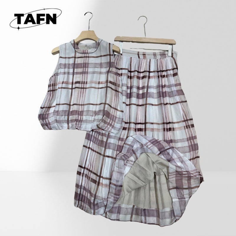 Elegant Women Checkered Two Pi - Midi Skirt Floral ulasan dan harga