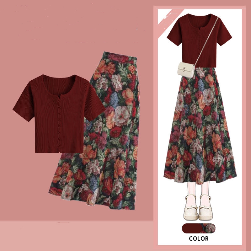 Women Lucky Wine Red T-Shirts  - Midi Skirt Floral ulasan dan harga